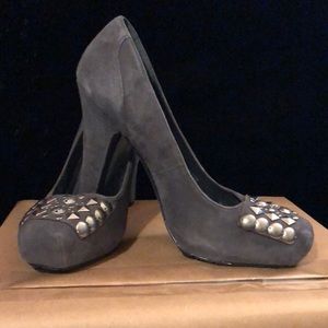 BCBG Gray Suede Studded Toe Pumps